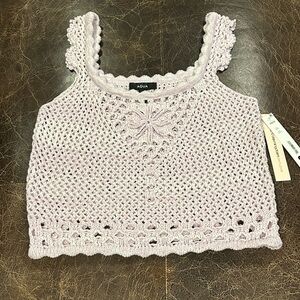 Aqua Women's Lilac and White Crochet Loose Knit Crop Top Scallop Trim